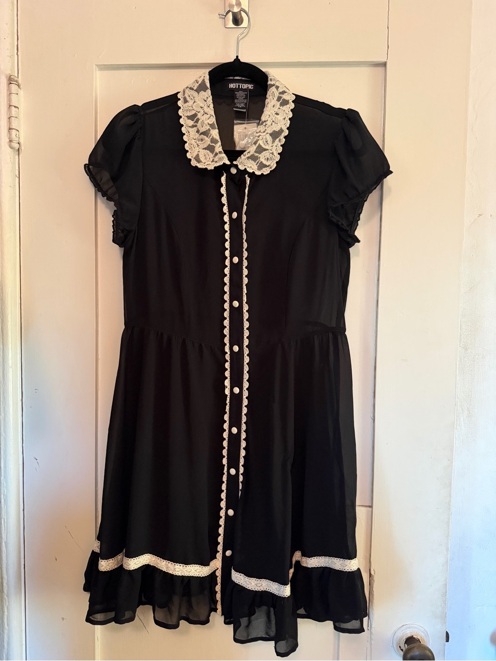 Hot Topic Black Button-Up Lace Collar Chiffon Dress Sz L nwt - Picture 2 of 9